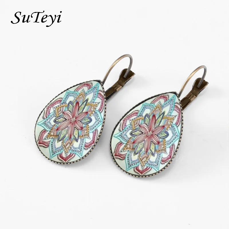 SUTEYI Mandala Chrysanthemum Yellow Feather Flower Water Drop Earrings For Women Bronze Plated Glass Indian Style Jewelry