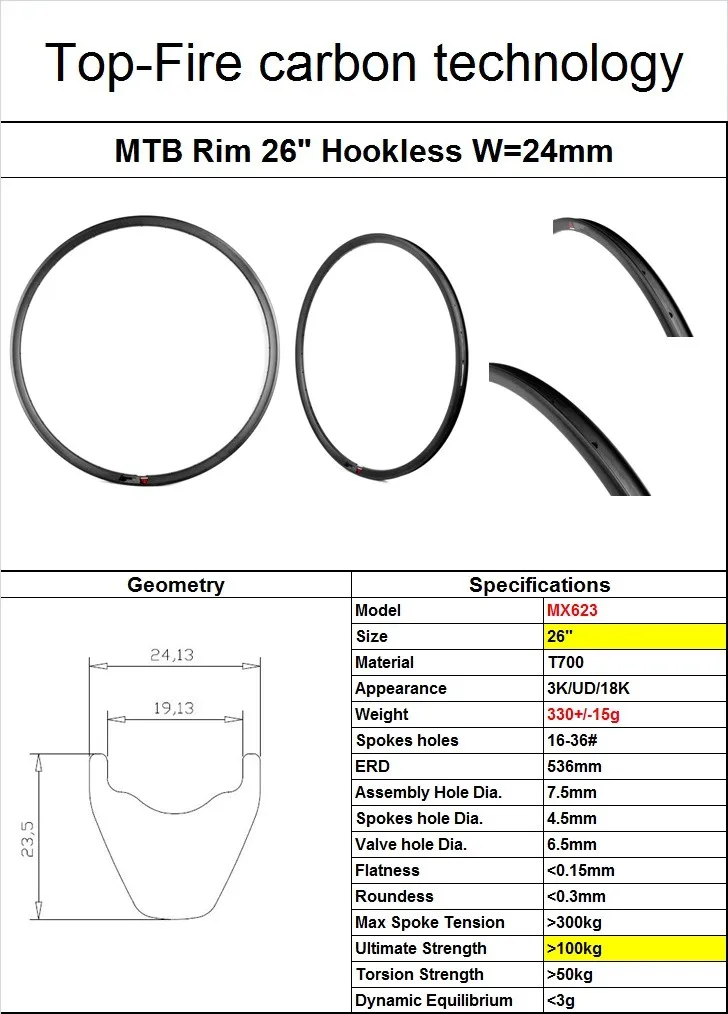 Discount 26 inch mountain bike rim MTB bicycle tubless rims with 23.5mm depth 24mm width carbon clincher rim 2