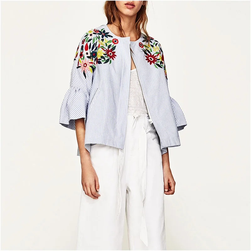 Spring 2017 Autumn Lady Coat O-neck Front Zipper with Pockets Butterfly Sleeve Striped Floral Embroidery Women Coats and Jackets | Женская
