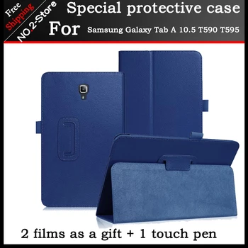 

Case For Samsung Galaxy Tab A 10.5 T590 T595 SM-T590 Cover Lichee Style Leather Folding Stand Flip Cover Tab A 10.5 inch+2 films