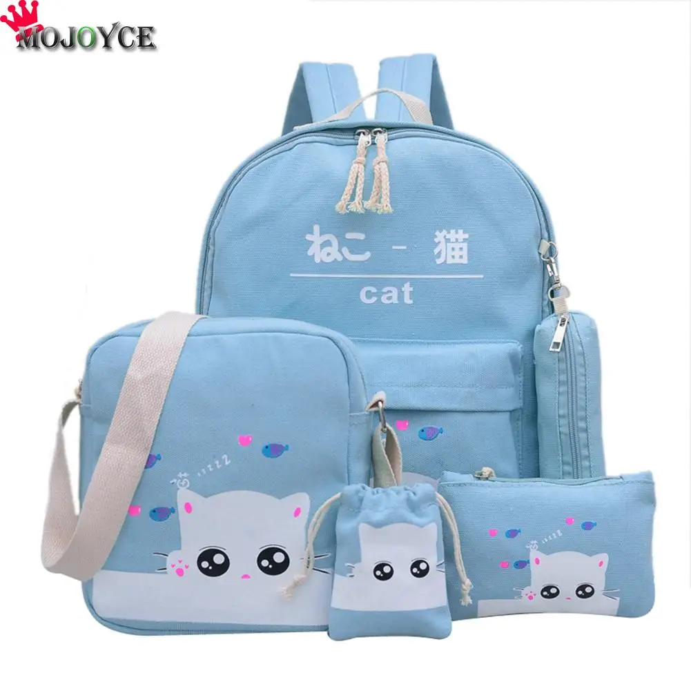 4 комплекта/шт. Женский рюкзак с принтом кота, школьный рюкзак для девочек-подростков, элегантный рюкзак, милый рюкзак, сумка для девочек Mochila Feminina - Цвет: Небесно-голубой