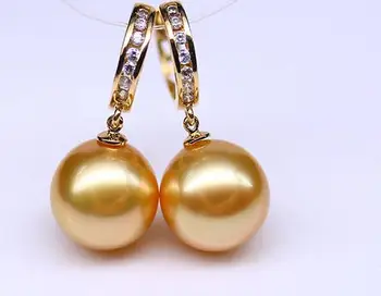

free shipping gorgeous pair of 10-11mm south sea gold round pearl earring 18k