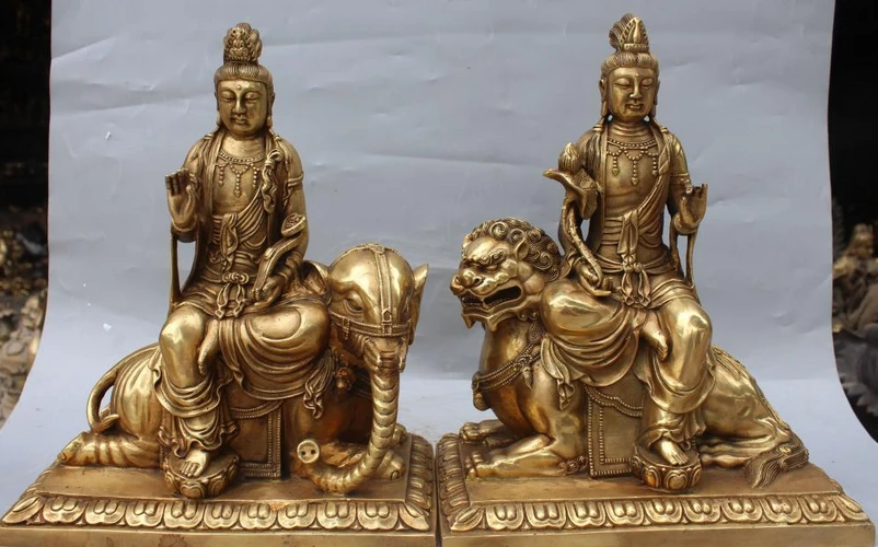 

xiuli 002170 13" Bronze Wenshu Puxian Kwan-yin Ride On Lion Elephant Shakyamuni Buddha Statue