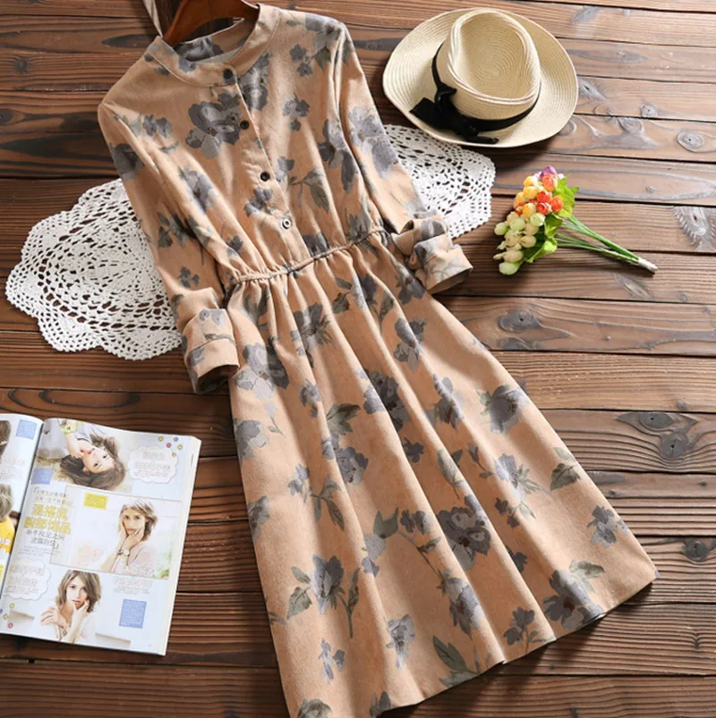 

Corduroy High Elastic Waist Vintage Dress A-line Style Women Full Sleeve Flower Floral Print Feminino elegant Spring Dresses