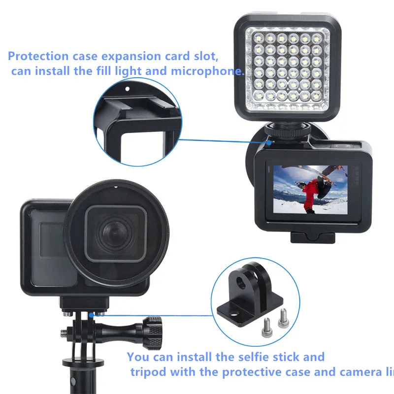 Aluminum Protective Case Housing Back Cover Metal Radiating frame +52mm UV Lens filter cap for GoPro Hero5 6 7 Black Camera Cage (8)