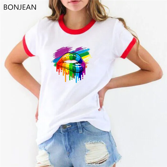 Pride Lgbt Gay Love, женские футболки с принтом радужных губ, модная футболка с надписью Love, женская футболка, летняя одежда - Цвет: 40432R