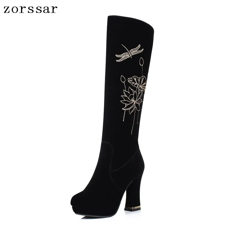 

{Zorssar} 2019 Flock Leather Women Knee High Boots Winter Warm Short Plush Inside Female Shoes Square High Heel Women High Boots