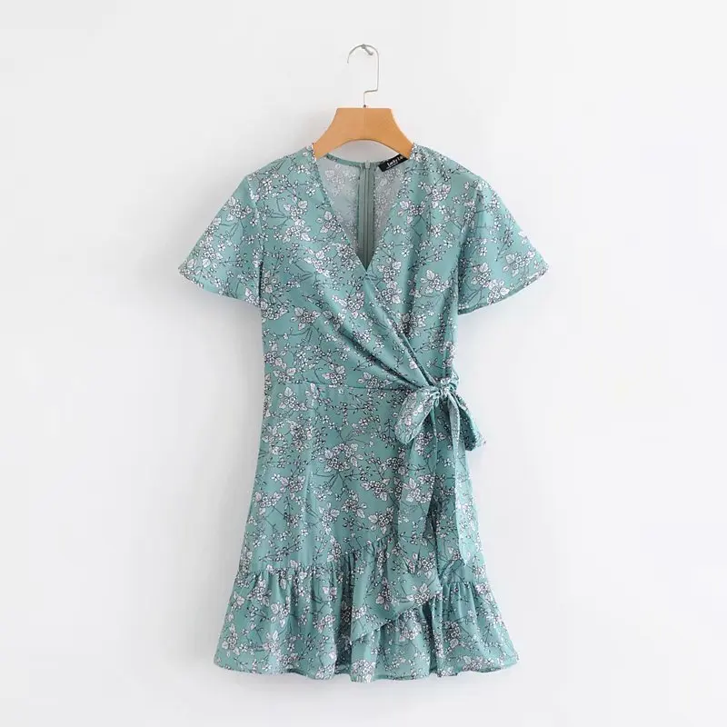 

2019 Summer Floral Print Short Sleeve Ruffles Short dress Sexy Split Bow Lace-up Mini Women dresses Female vestidos#N825
