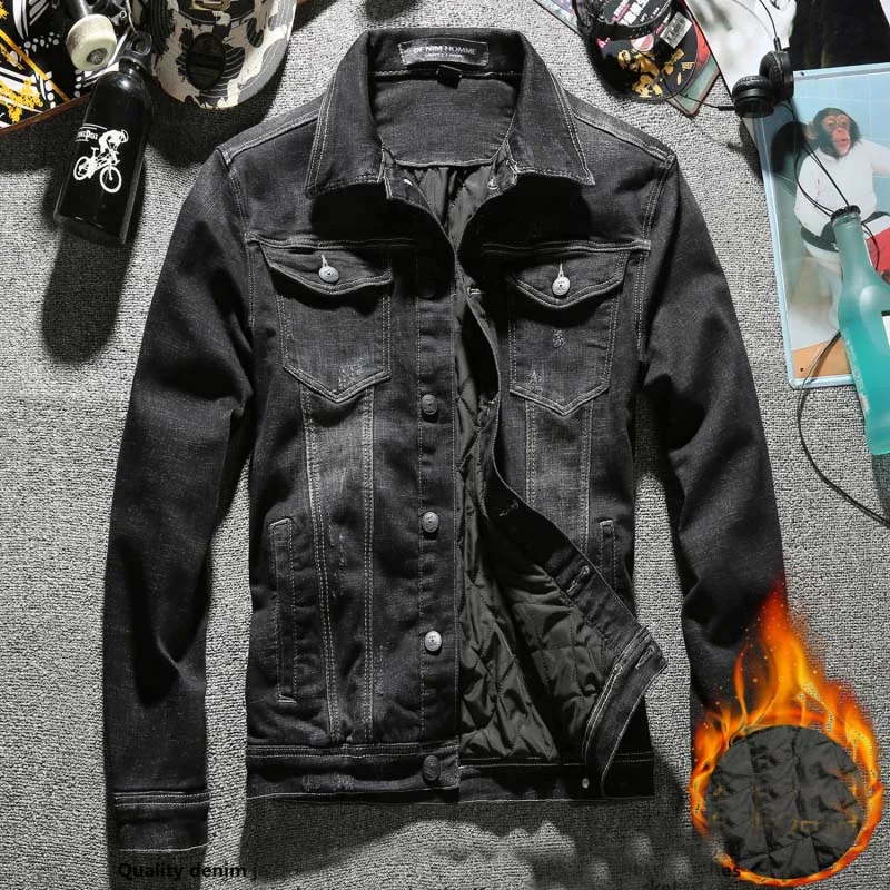 Новая модная теплая джинсовая куртка для мужчин зимнее, зауженное, уличная, черные джинсы, куртка повседневная верхняя одежда, мужское Ковбойское пальто - Цвет: Черный