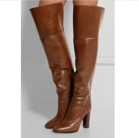 

2018 Winter Brown Shoes Women Pu Leather Runway Motorcycle High Heels Over The Knee Women Boots High Quality Thigh High Boots