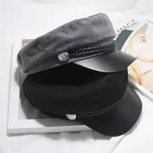Модные из искусственной кожи военная шляпа весна хлопок Матросская шляпа для Для женщин мужские черные Серый плоской вершиной Женский Путешествия Кепка-кадетка Кепка Капитана