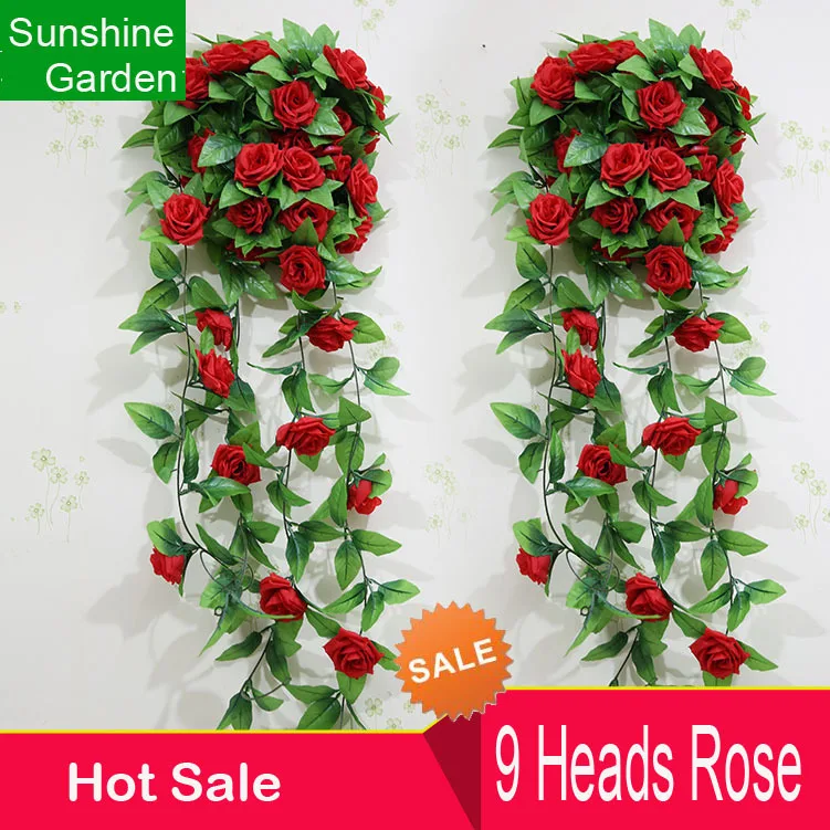 9Heads Red Rose Garland Artificial Vines Hanging Silk Flowers Wedding decoration DIY Home Decor