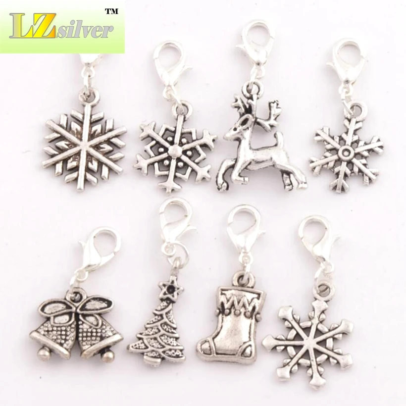 

Christmas Bells Snowflakes Elk Sock Clasp European Lobster Trigger Clip On Charm Beads CM21 8pcs Antique silver