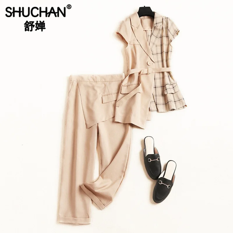 

Shuchan Asymmetry Plaid designer Ensemble Femme 2 Pieces Pantalon Female Summer Suit Tops+Calf-Length Pants Women Clothing 51265