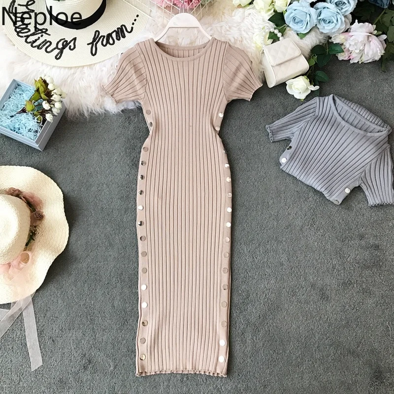 

Neploe Knitted Short Sleeve Dress Women Solid O-Neck Short Sleeve Vestidos Fashion Double Breasted Bodycon Dresses 44171