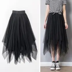 Модные плиссированные юбки-пачки для взрослых Лето эластичный Высокая Талия Длинные Женская юбка из тюля повседневная юбка средней длины