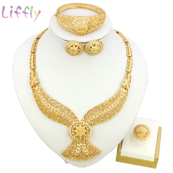 

Dubai Jewelry Sets light gold bow tie Hollow Flower Necklace Woman Ring Bracelet Hoop Ring Earrings High Quality Wedding Jewelry