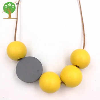 natural wood painted Chunky ball necklace Faceted disk Necklace Wooden Beads On leather cord yellow grey NW053