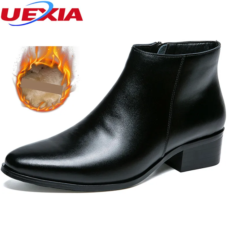 UEXIA Cowhide Leather Men Ankle Snow Boots Increase Leisure Martin Autumn Shoes Mens Pointed Toe Plush Fur Winter Fashion Winter UEXIA Cowhide Leather Men Ankle Snow Boots Increase Leisure Martin Autumn Shoes Mens Pointed Toe Plush Fur Winter Fashion Winter