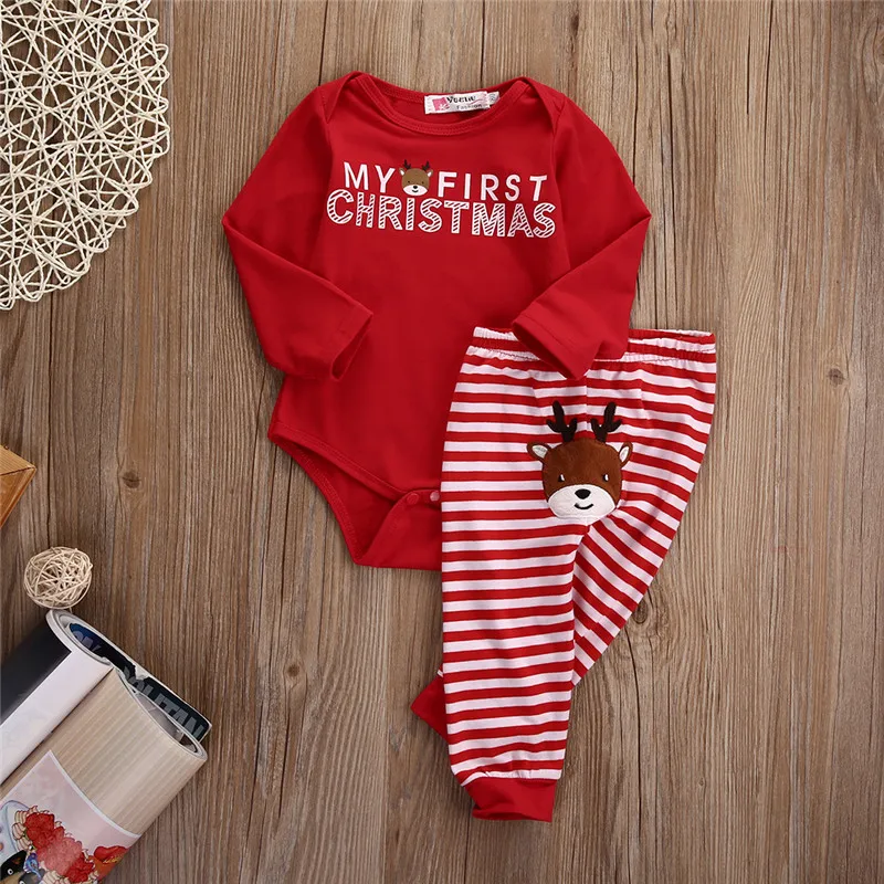 CANIS/детская Рождественская одежда красного цвета для новорожденных мальчиков и девочек Комбинезон в полоску с буквенным принтом, боди+ штаны, комплекты одежды комплект из 2 предметов - Цвет: Красный