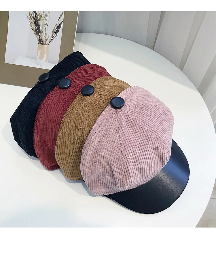 Fashion Women Hats Autumn Winter Corduroy Navy Military Hat Octagonal Hat Women Pu Leather Beret S Letter Corduroy Black Caps