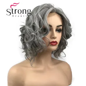 StrongBeauty парик фронта шнурка серый и белый микс короткие волнистые синтетические термостойкие волосы парик для женщин выбор цвета