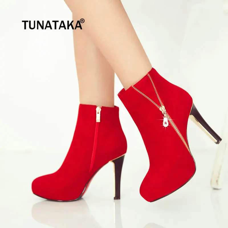 

Women Flock Sexy Thin High Heel Ankle Boots Fashion Side Zipper Winter Woman Shoes Black Red