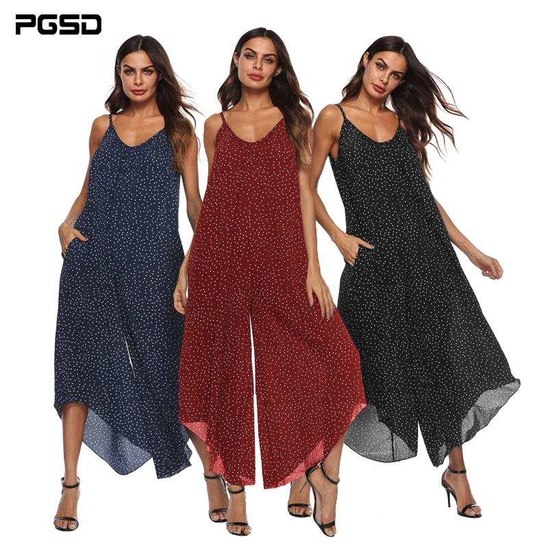 

PGSD New female spring summer Fashion street sexy V collar Suspender Backless Simple Wavelet point wide-leg Women Jumpsuits XXXL