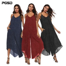 PGSD New female spring summer Fashion street sexy V collar Suspender Backless Simple Wavelet point wide-leg Women Jumpsuits XXXL