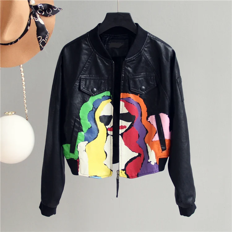 FTLZZ Autumn Women Pu Leather Jacket New Print Zippers Pockets Black Color Short Coat Female Faux Leather Jackets