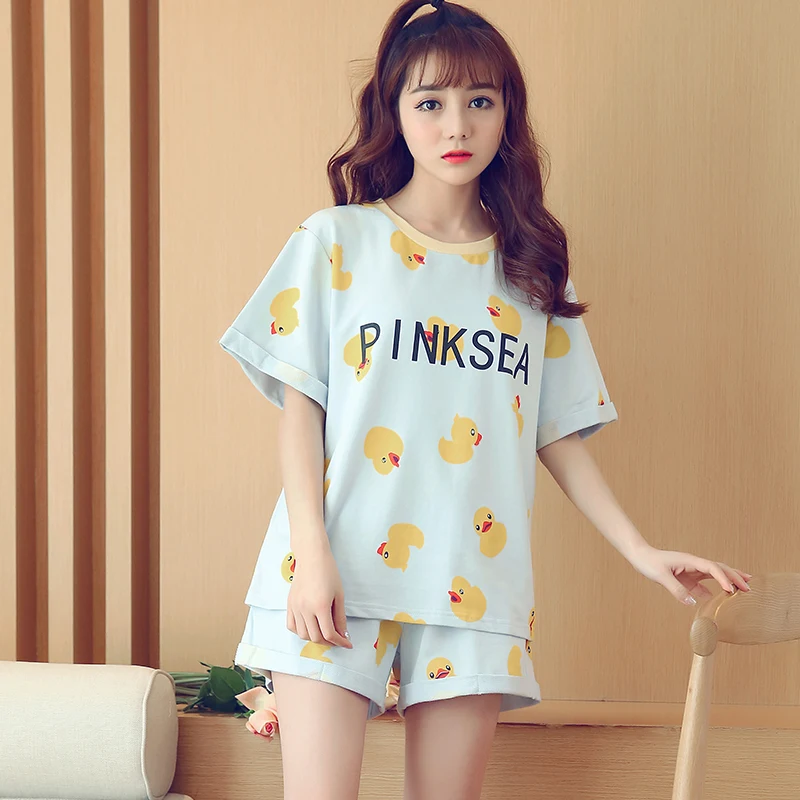 Summer Women Cotton Pajamas Print Yellow Duck Cute Pajama Set Short