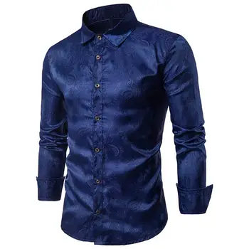

New Men Plus Size Paisley Print Turn Down Collar Long Sleeve Shirt Slim Fit Top