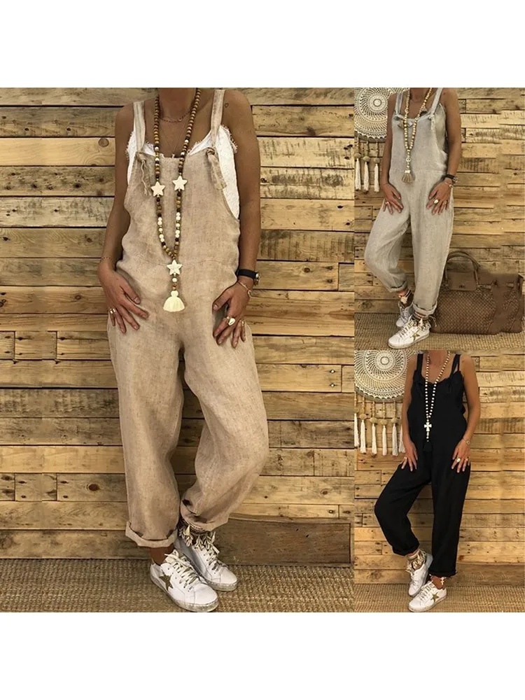 

Plus Size Women Summer Loose Casual Hemp Cotton Solid Color Sexy Casual High Waist Comfortable Punk Style Female Harem Jumpsuit