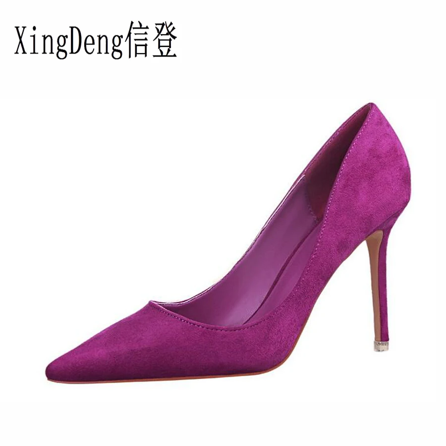 

XingDeng Women Shallow Flock Pointed Toe Ol High Heels Pumps Shoes Girls Sexy Party Dress Stilettos Shoes Size 34-40