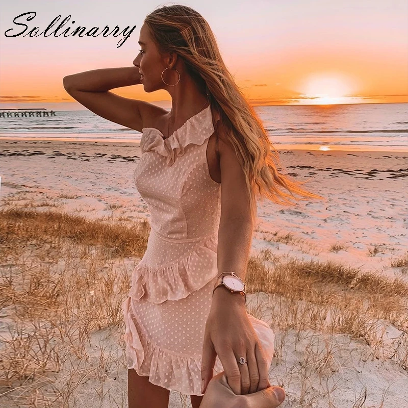 

Sollinarry Sexy One-Shoulder Short Dress Women 2019 Summer Polka Dot Chiffon Dresses Women Sleeveless Ruffle Boho Dress Retro
