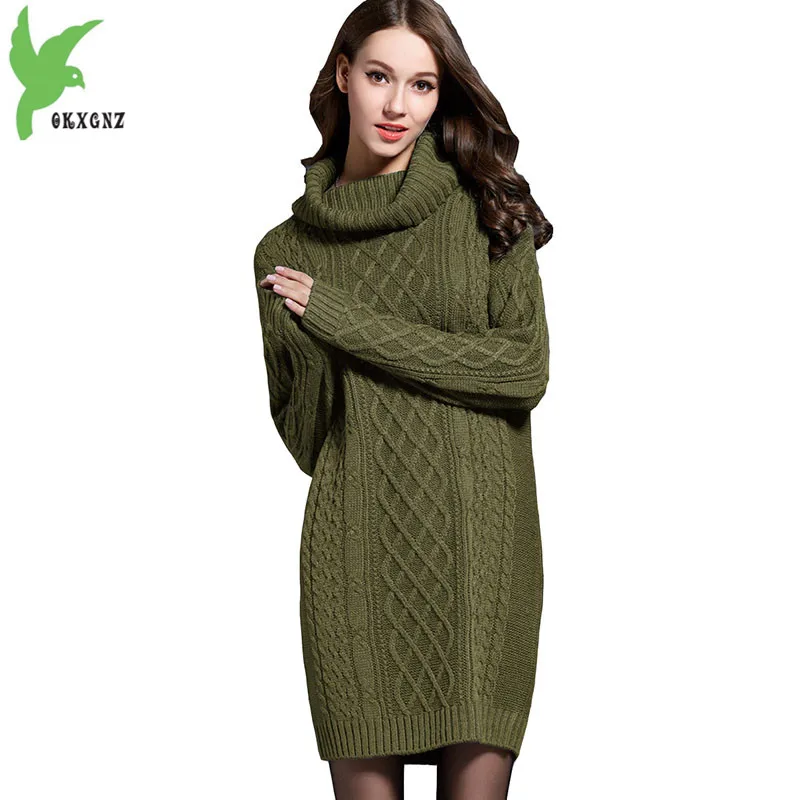 

2018 Autumn and Winter Women's Knit Dress Fashion High collar Long sleeve Bottoming Sweater Slim Female Large size Dresses A2056