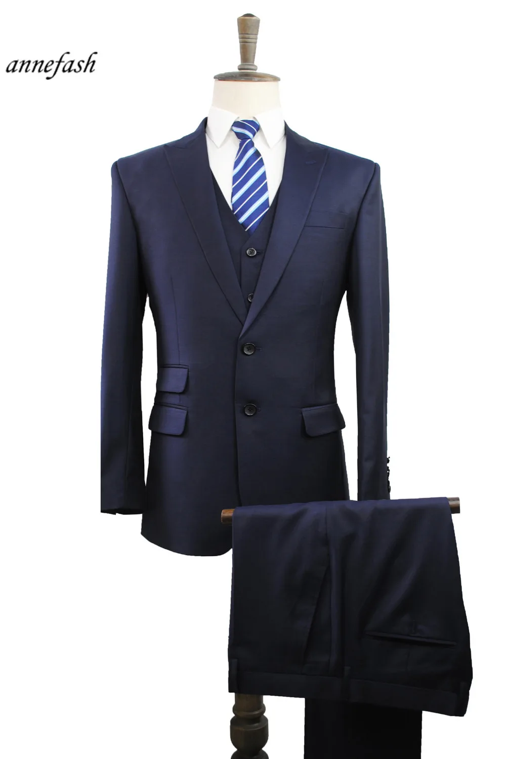 

Custom Made high quality worsted 150's pure wool blue navy Mens business suit 3 pcs slim fit wedding suit jacket pants vest