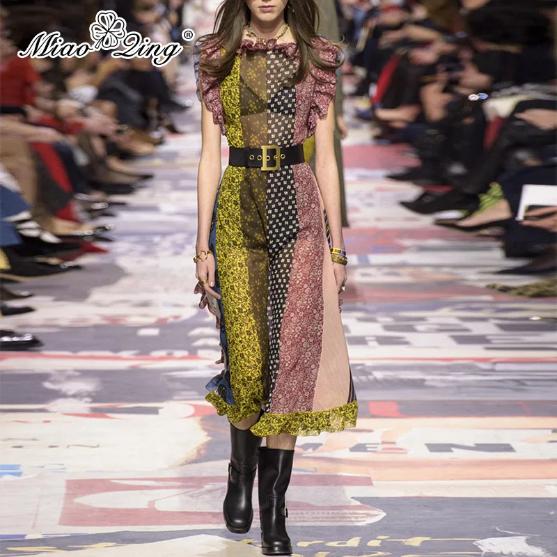 

MIAOQING 2019 Summer Hit Clor Boho Chiffon Ruffles Dress for Women Printing Floral Bandage Long Dress Elegant Female Clothes