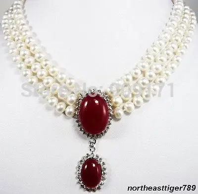 

3 Rows White Pearl Red stone 18KWGP Crystal Pendant Necklace
