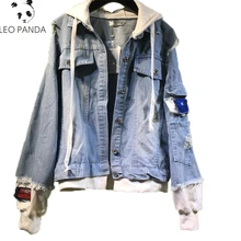 Вышивка эмблем Для женщин джинсовая куртка с капюшоном Новинка года дамы негабаритных Distressed Jean Куртки дизайн лоскутное свободные пальто LCY750