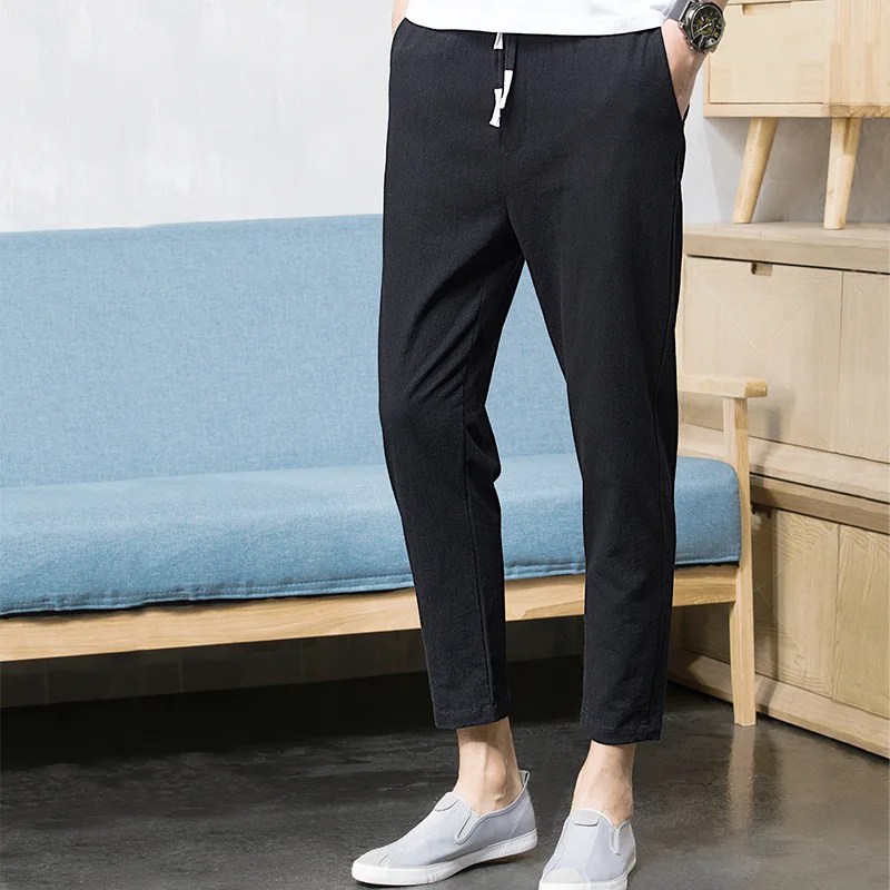 Cotton Line Loose Harem Pants Men Summer Casual Men's Linen Pants Grey Trousers Men Ankle Length Pants Streetwear - Цвет: Black