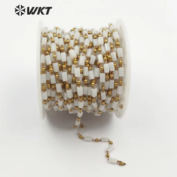 

WT-RBC080 Small Porcelain White Crystal Beaded Chains Faceted Rectangle Glass Wire Wrapped Bronze Copper Charms Rosary Chain