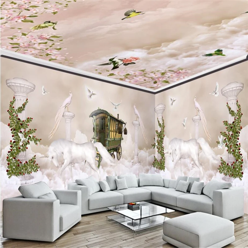 Beibehang Sogno Cielo Nuvole Unicorno Romano Colonne Foto Carta Da Parati Per Pareti 3D Tv Sfondo Soggiorno Camera Da Letto Murale Della Carta Di Pare