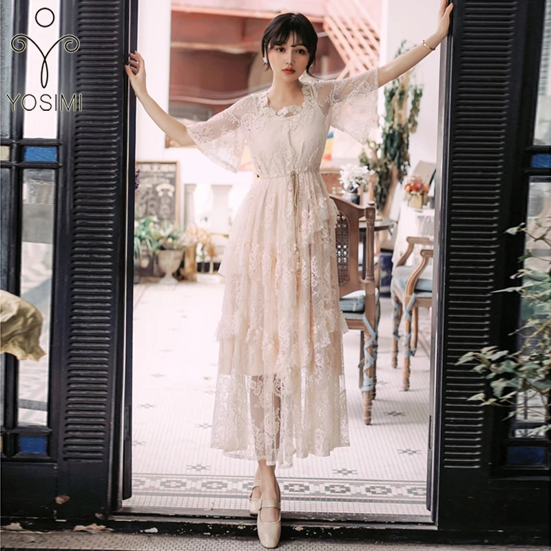 YOSIMI Летнее белое сказочное длинное женское платье макси винтажное кружевное платье с длинным рукавом вечернее женское платье-туника Vestido