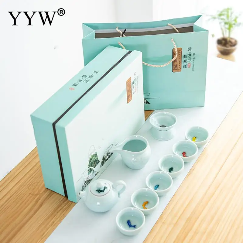 Красочные рыбы чайная чашка Celadon изысканный чай набор маленькие чайные чашки в китайском стиле Подарочная кружка керамический простой узор чайные горшки