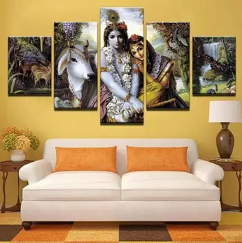 

HD Prints Living Room Pictures Frame 5 Pieces India Myth Krishna Vishnu Painting Wall Art Animal Poster Home Decor(No Frame)