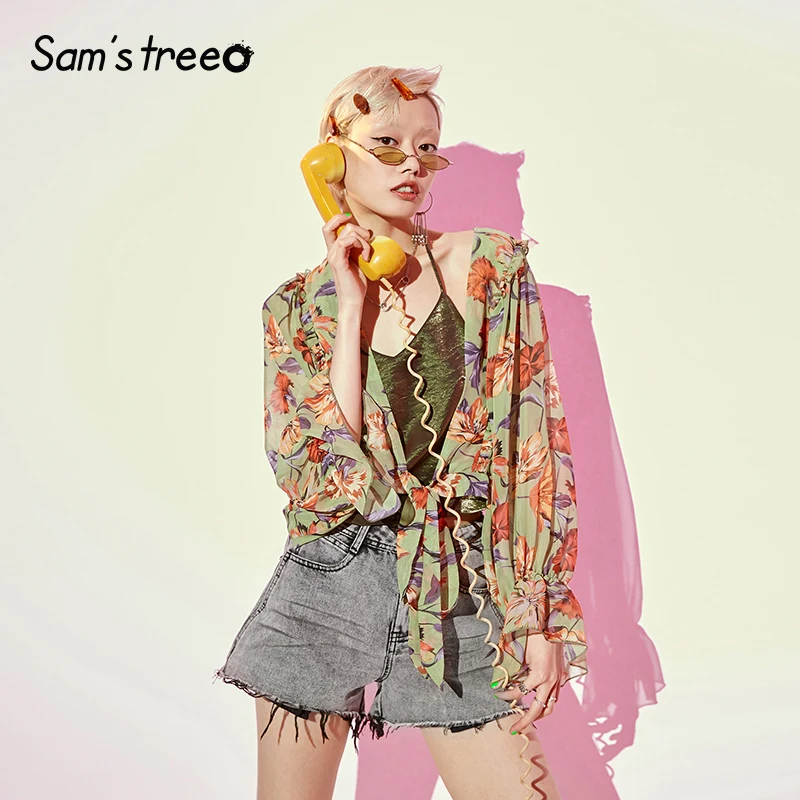 Samstree винтажный женский короткий топ с цветочным принтом Летние шифоновые женские блузки на шнуровке модные повседневные офисные женские рубашки