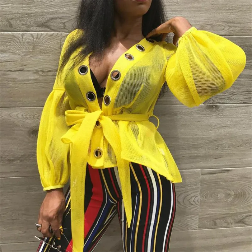 

Women Yellow Blouse Shirt Tops Transparent See Through Sexy Peplum with Waist Belt Eyelet Summer Fashion Blusa Female Clothing