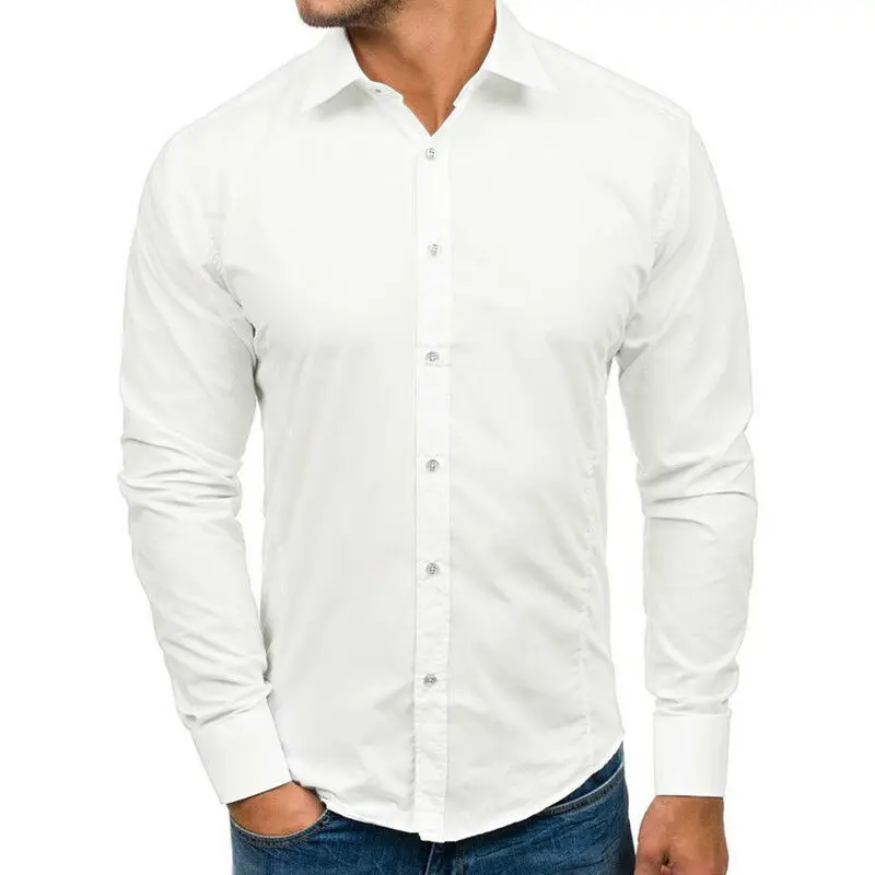 Брендовая мужская повседневная однотонное с длинным рукавом рубашки Slim Fit мужские деловые рубашки Стильная мужская одежда Прямая поставка - Цвет: Белый