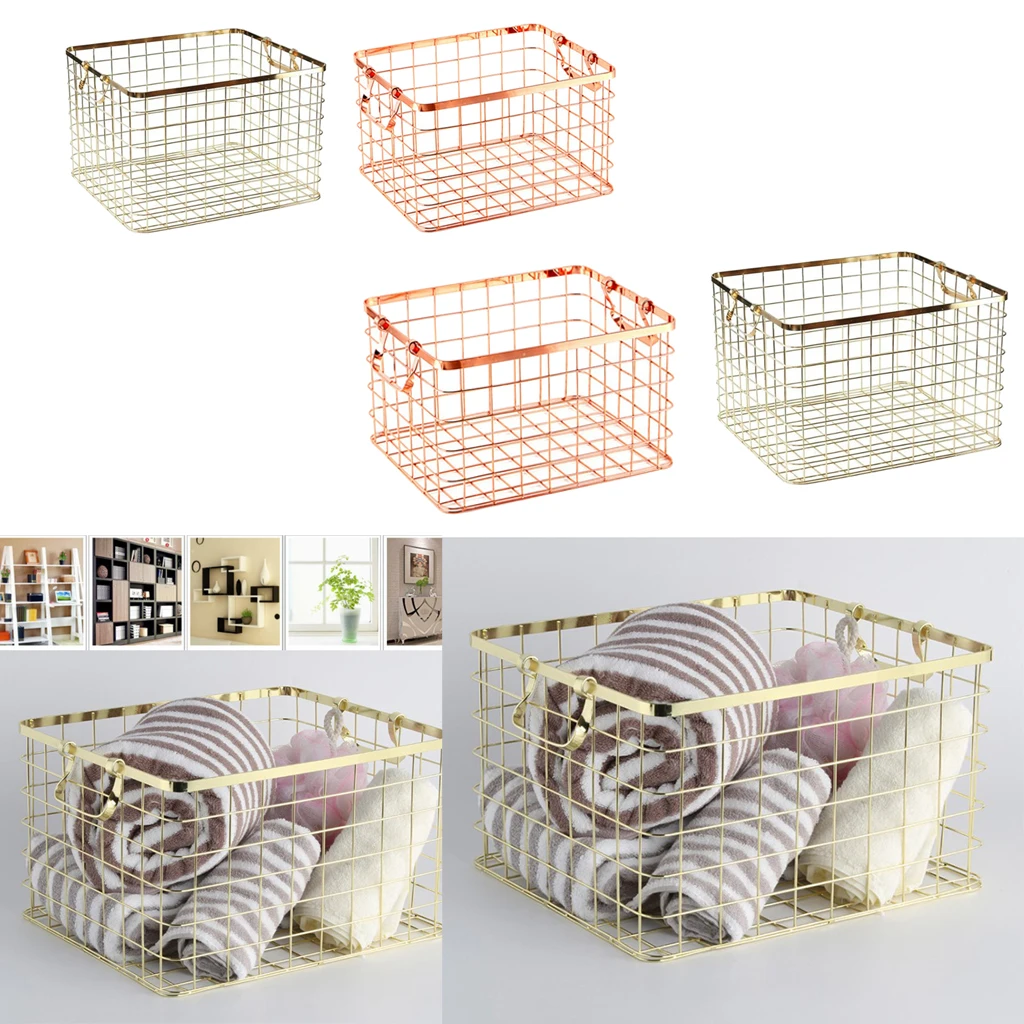 Metal Wire Dirty Clothes Basket Laundry Storage Bin Baskets with 2 Handles-Rose Gold Luxurious Texture